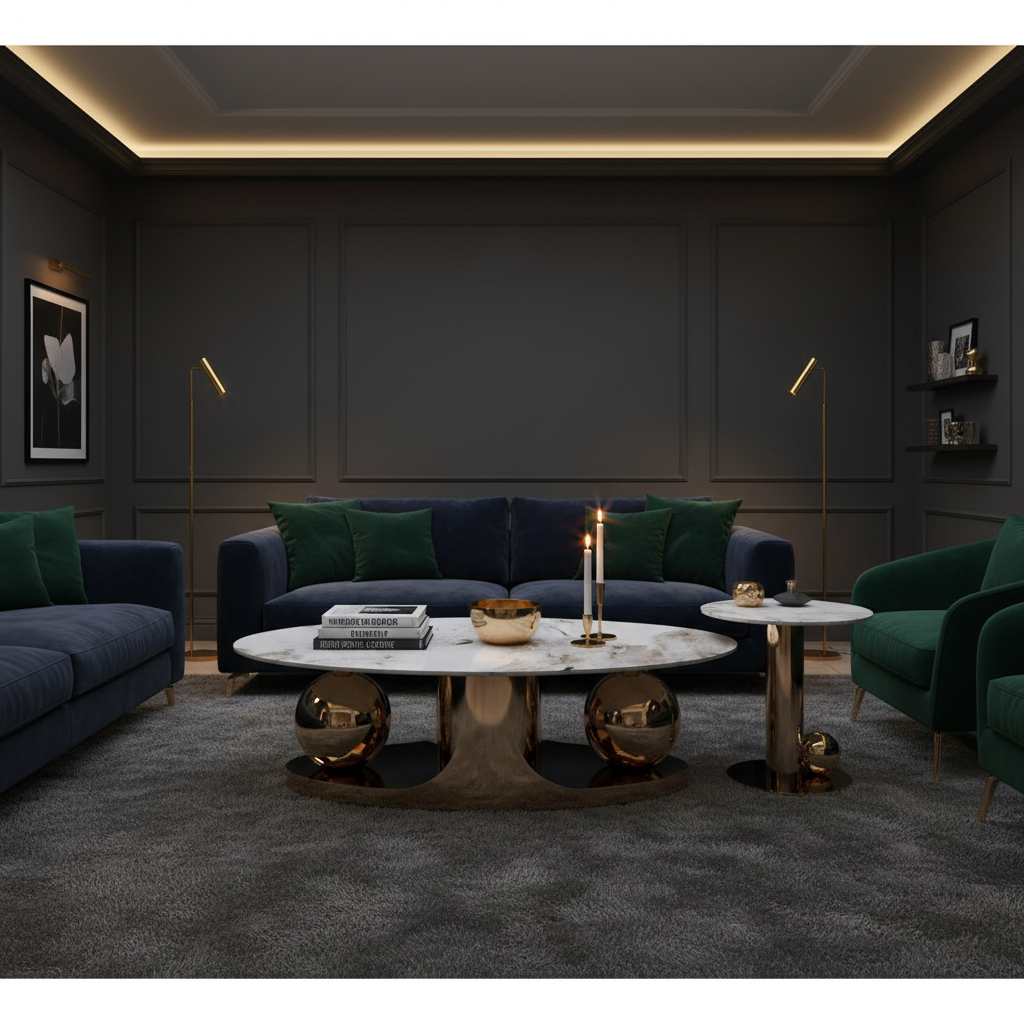 Marble coffee table set with gold ball pedestals