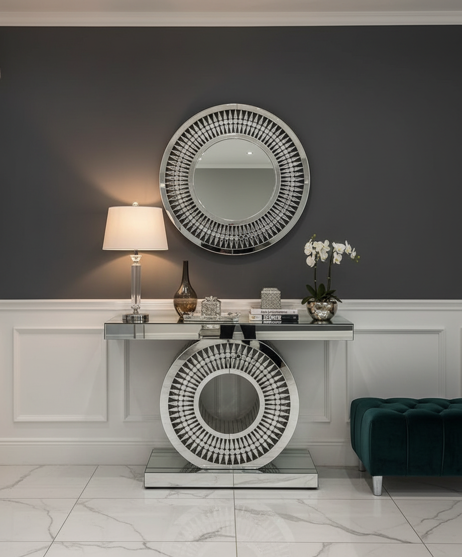 Mirrored console set in glamorous setting