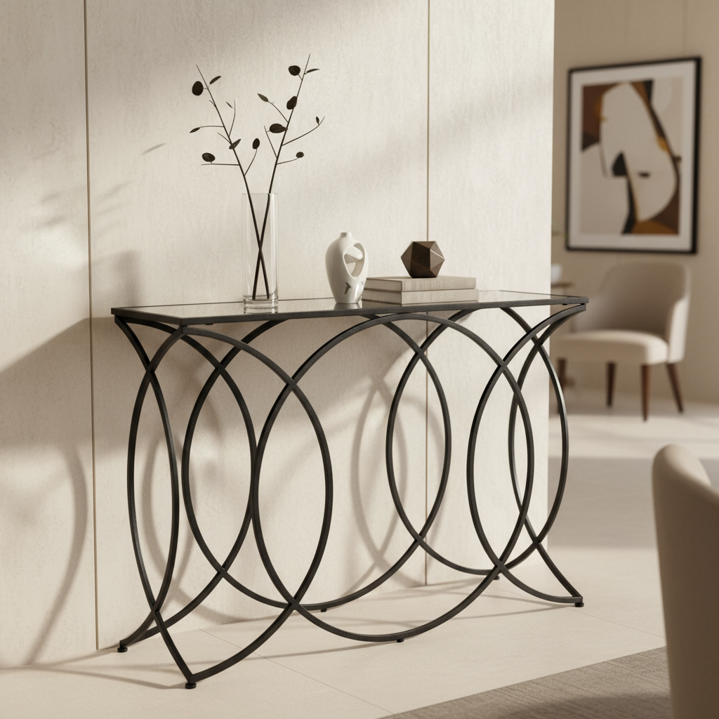 Mirrored console table with black metal frame in contemporary interior