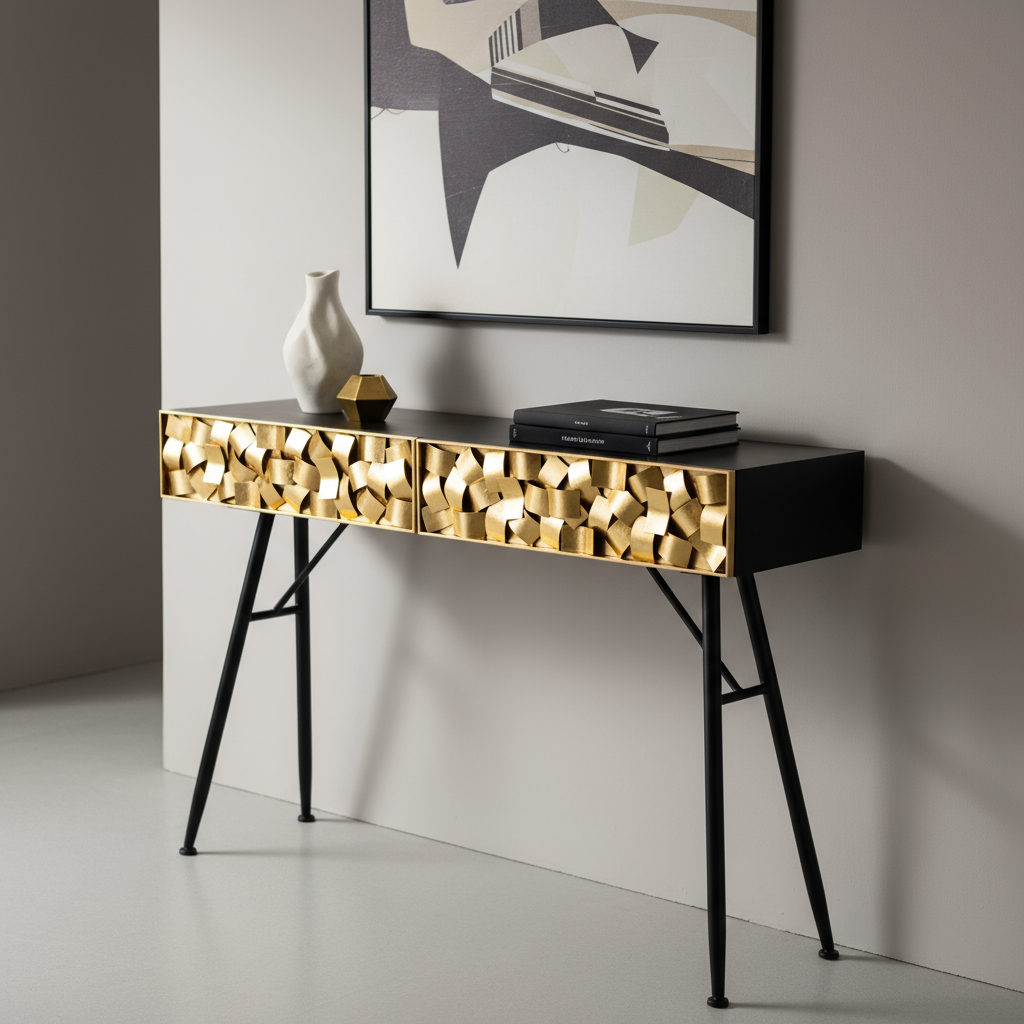 Modern console table with gold geometric panel in contemporary interior