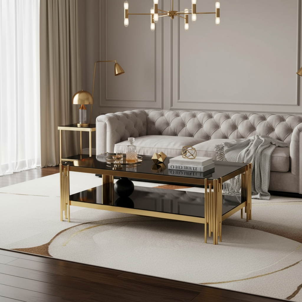 Rectangular gold and black coffee table in luxurious setting