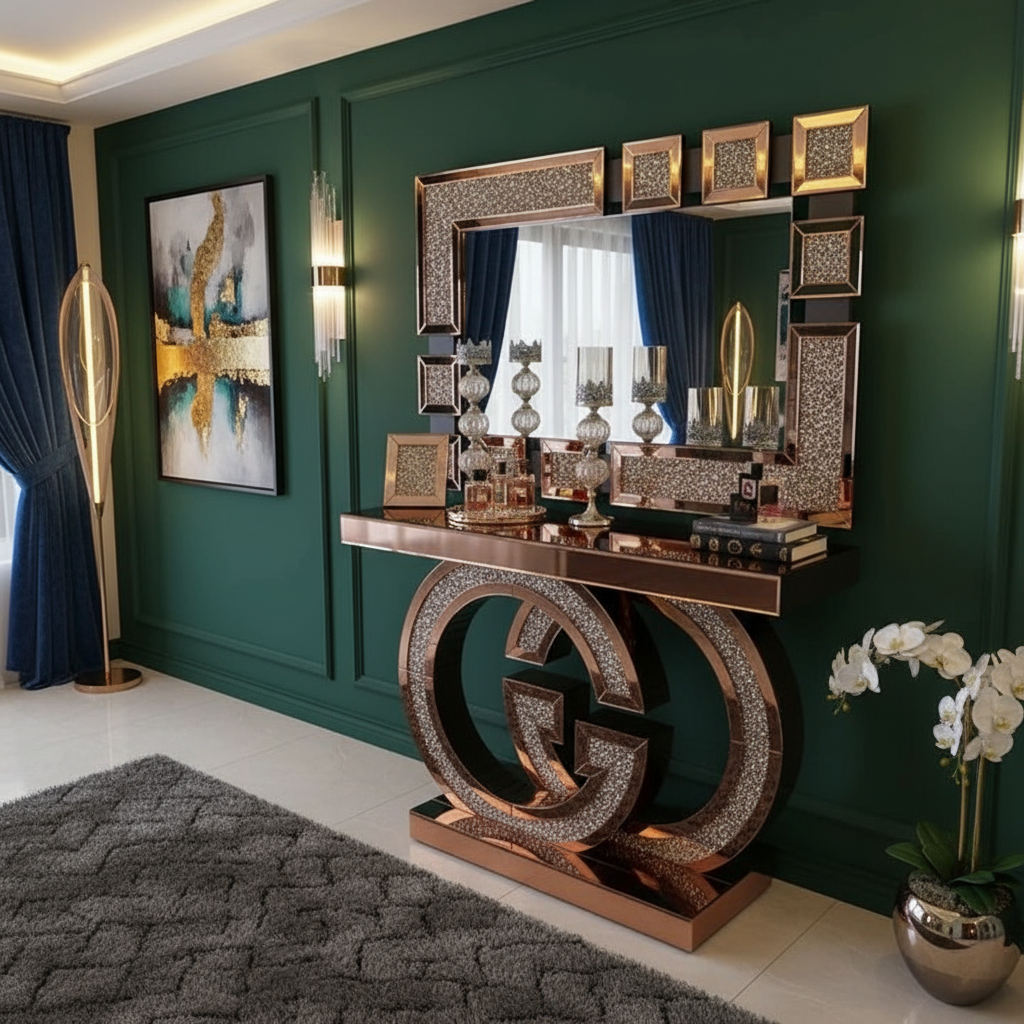 Rose gold console and mirror in luxurious setting