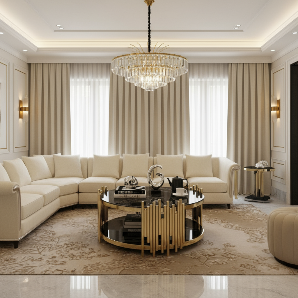 Round gold and black coffee table proportioned in luxurious room
