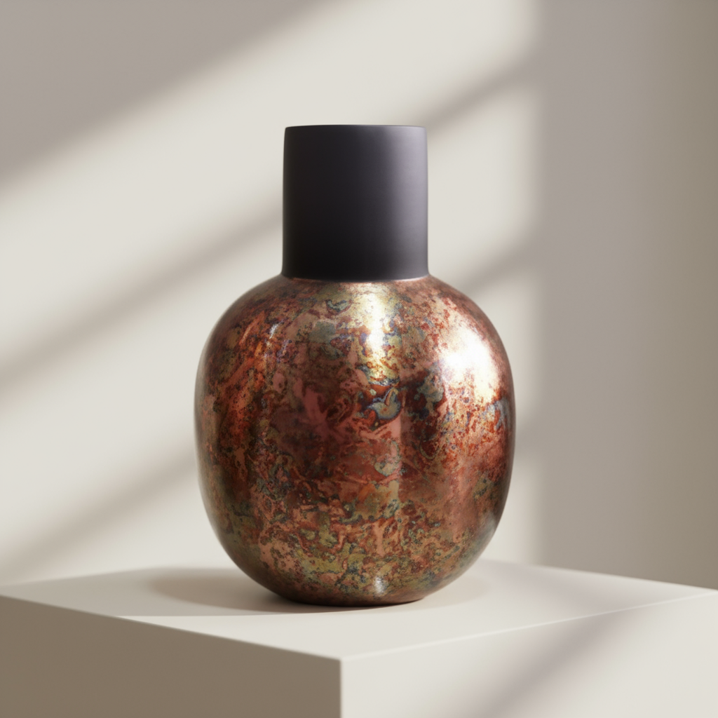 Round vase with black neck in neutral setting