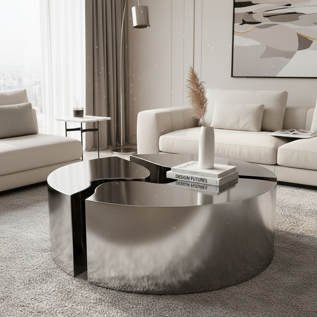 Shiny Glossy Silver Coffee Table in modern setting