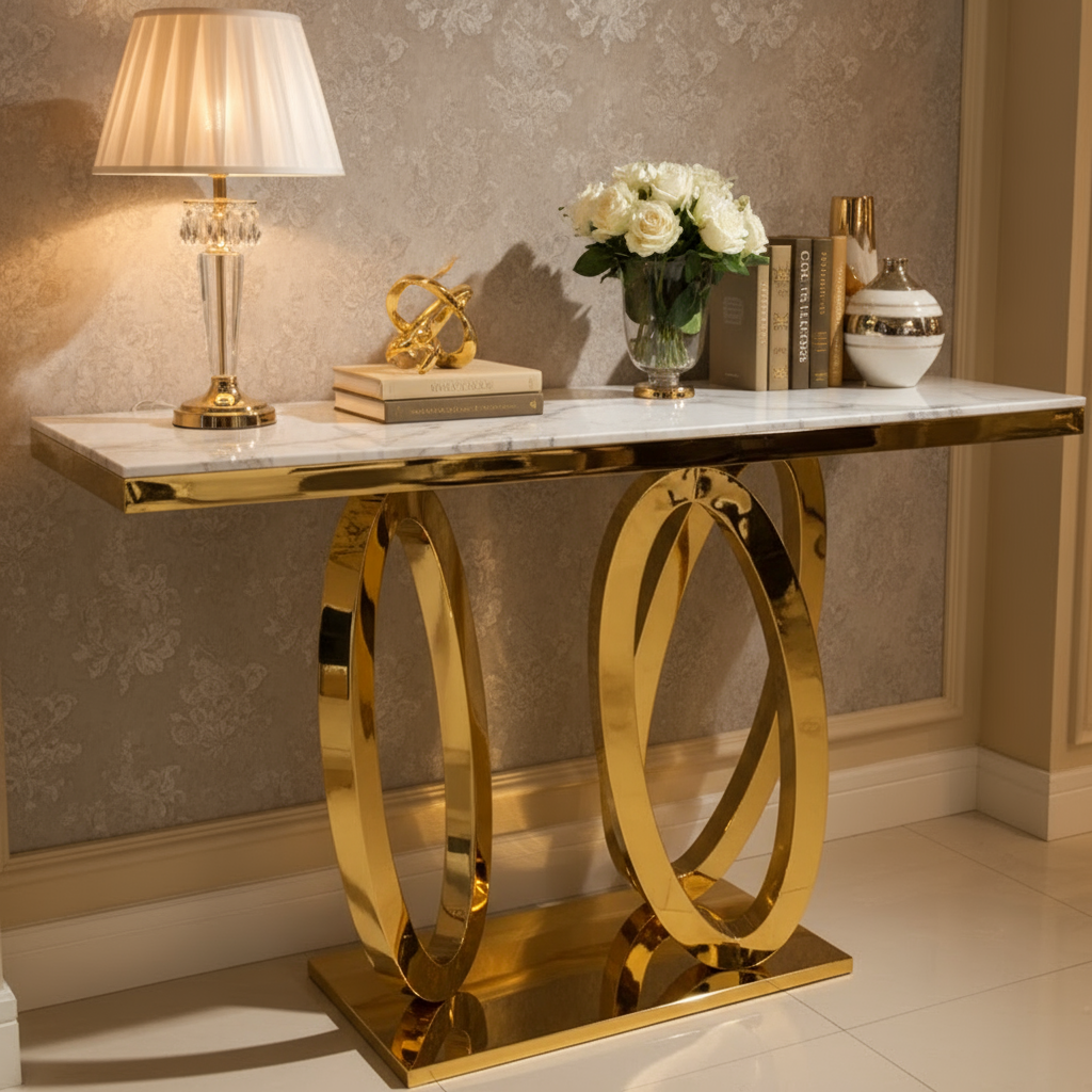 Shiny gold console table with circular base in luxurious interior