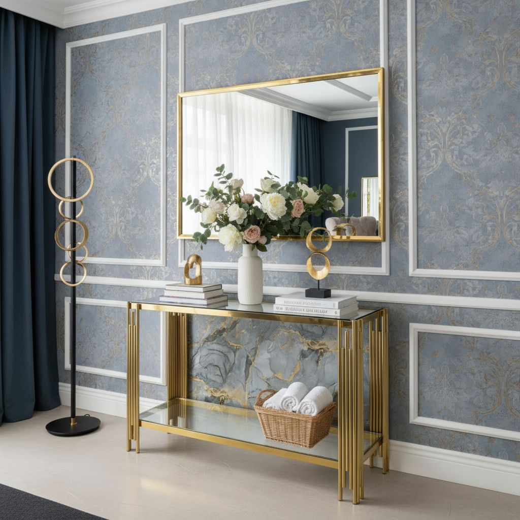 Shiny gold console with elegant background