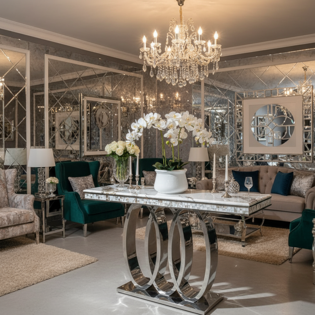 Shiny silver console in glamorous setting