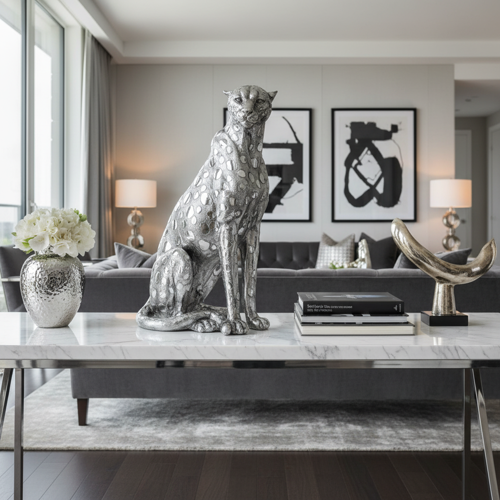 Silver Leopard Sculpture in Luxury Interior