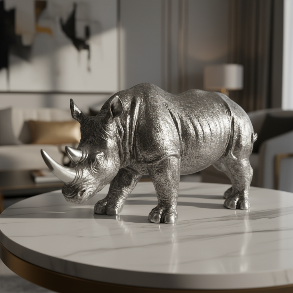 Silver Rhino Sculpture Close-Up in Luxury Setting