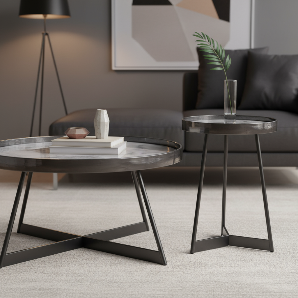 Tables with shiny gunmetal finish