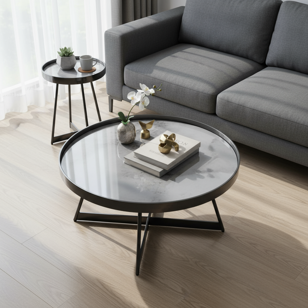 Tables with shiny gunmetal tops visible