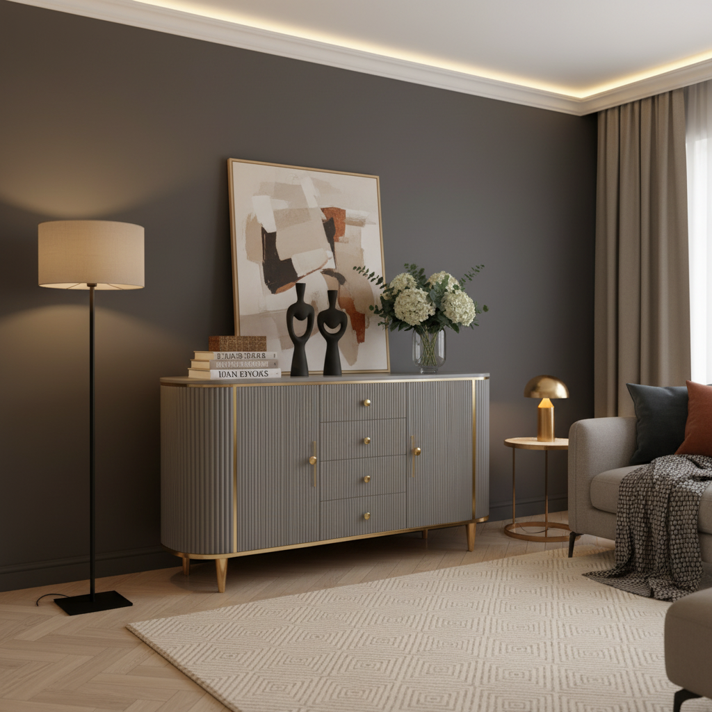 Textured sideboard in warm contemporary setting