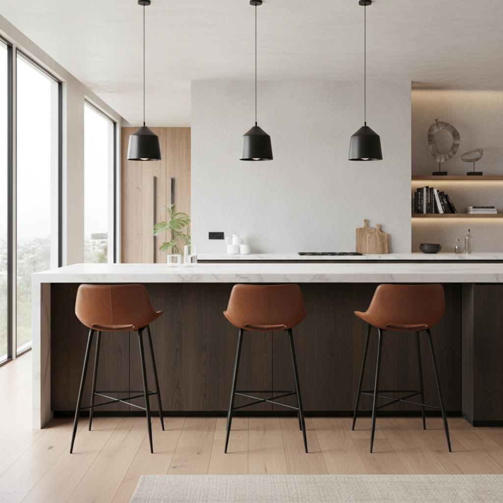 Three brown leather bar stools with black metal legs in modern setting