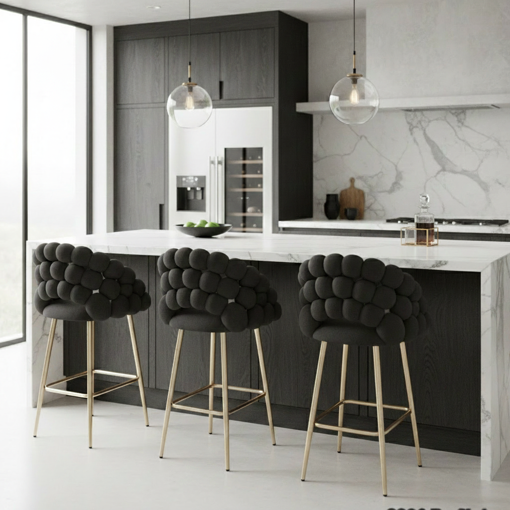 Three dark grey bar stools with shiny gold legs