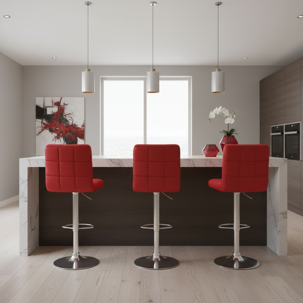 Three vibrant red bar stools with chrome frames in contemporary setting