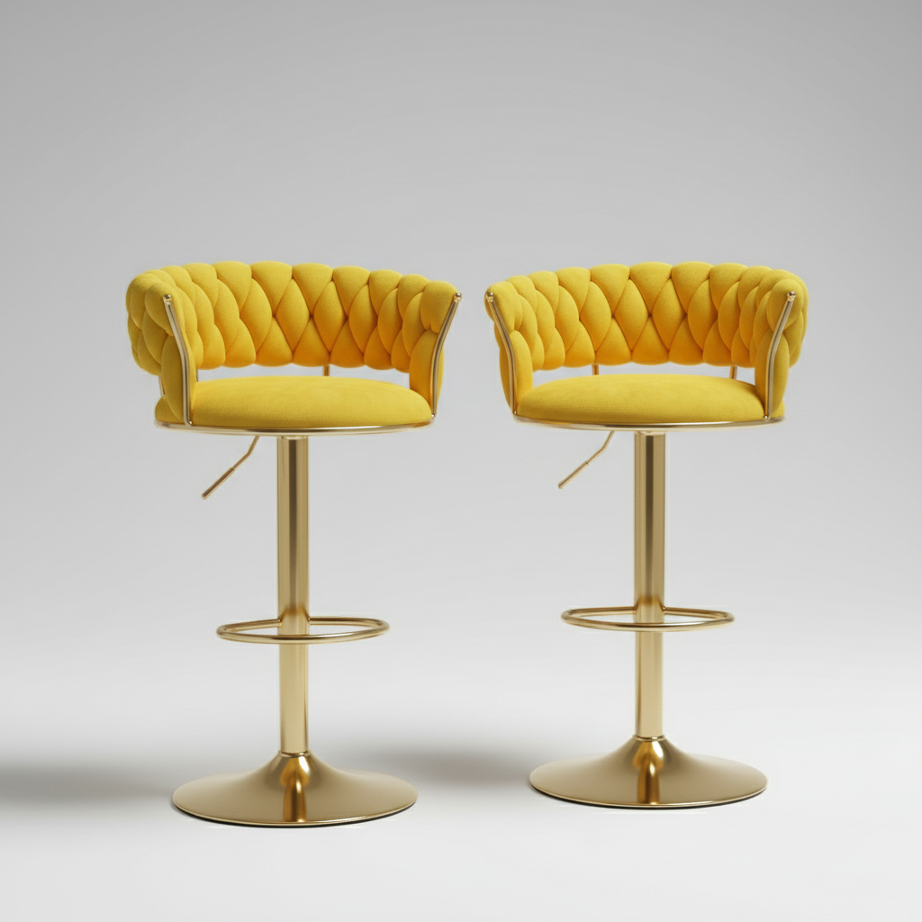 Two luxury bar stools with yellow seats and gold bases
