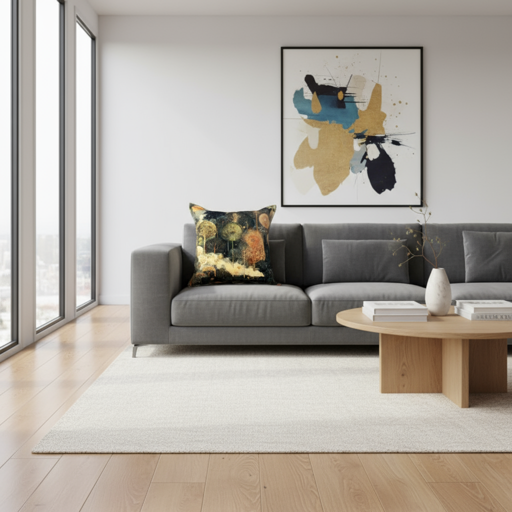 Whimsical forest cushion in modern setting