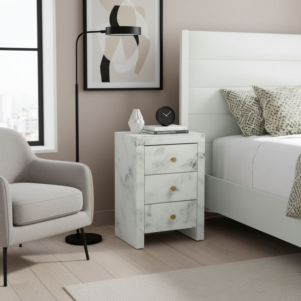 White marble bedside table in modern setting