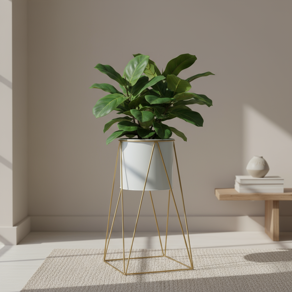 White planter with gold stand in neutral setting