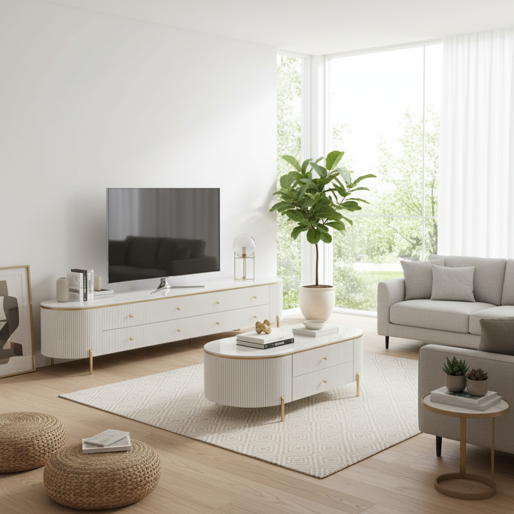 White ribbed TV stand and coffee table in bright modern setting